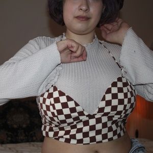 Steve Madden Triangle Crop Top Checkered Beige and Brown Strappy Bra Tie Closure